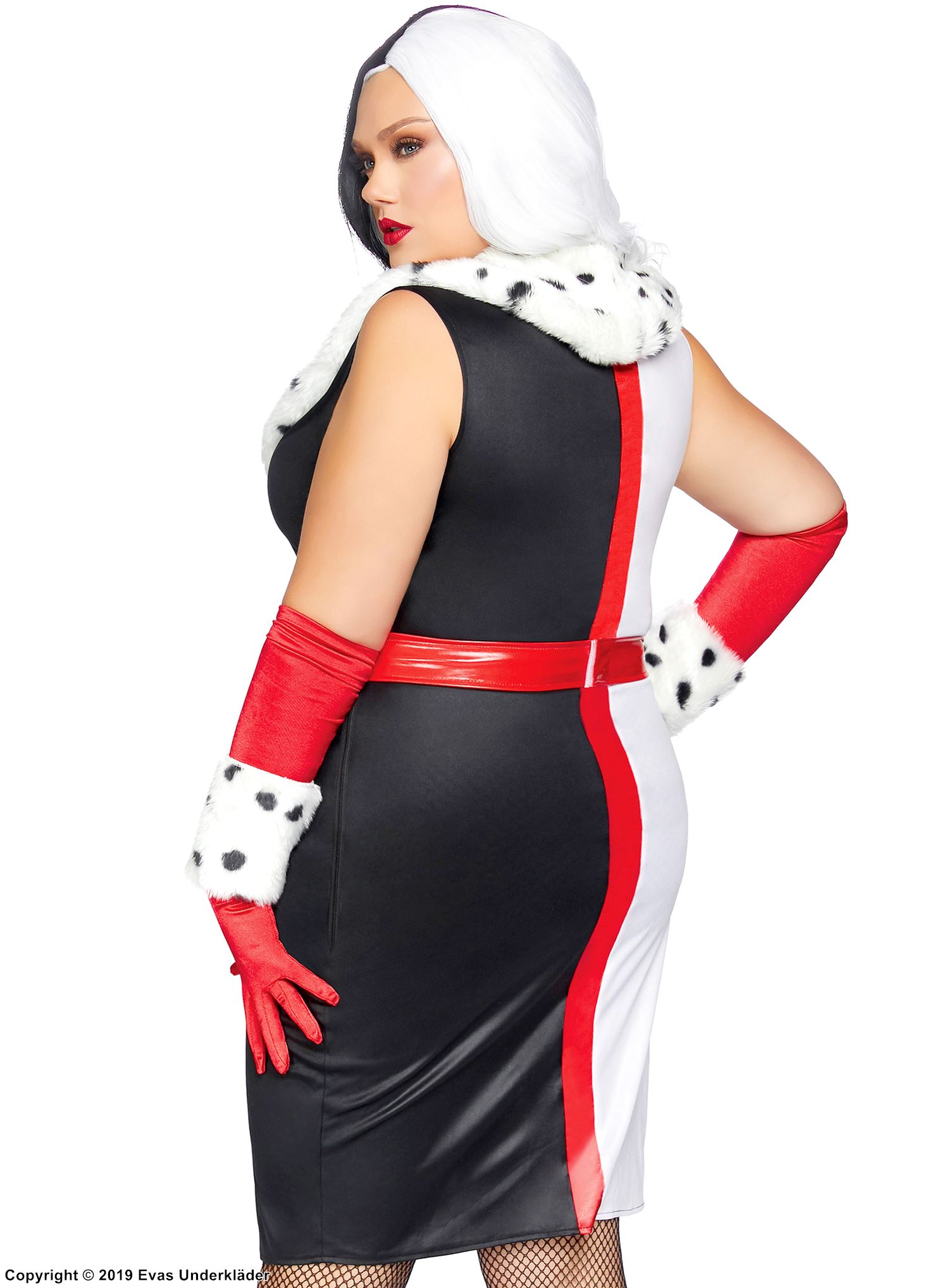Cruella de Vil, costume dress, faux fur, high slit, belt, XL to 4XL